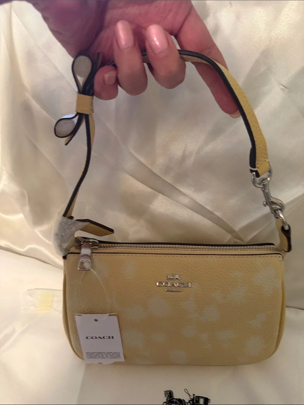 💛Coach NWT Washed Yellow Nolita 19 with Floral Print/Bow Strap/ Silver Hardware